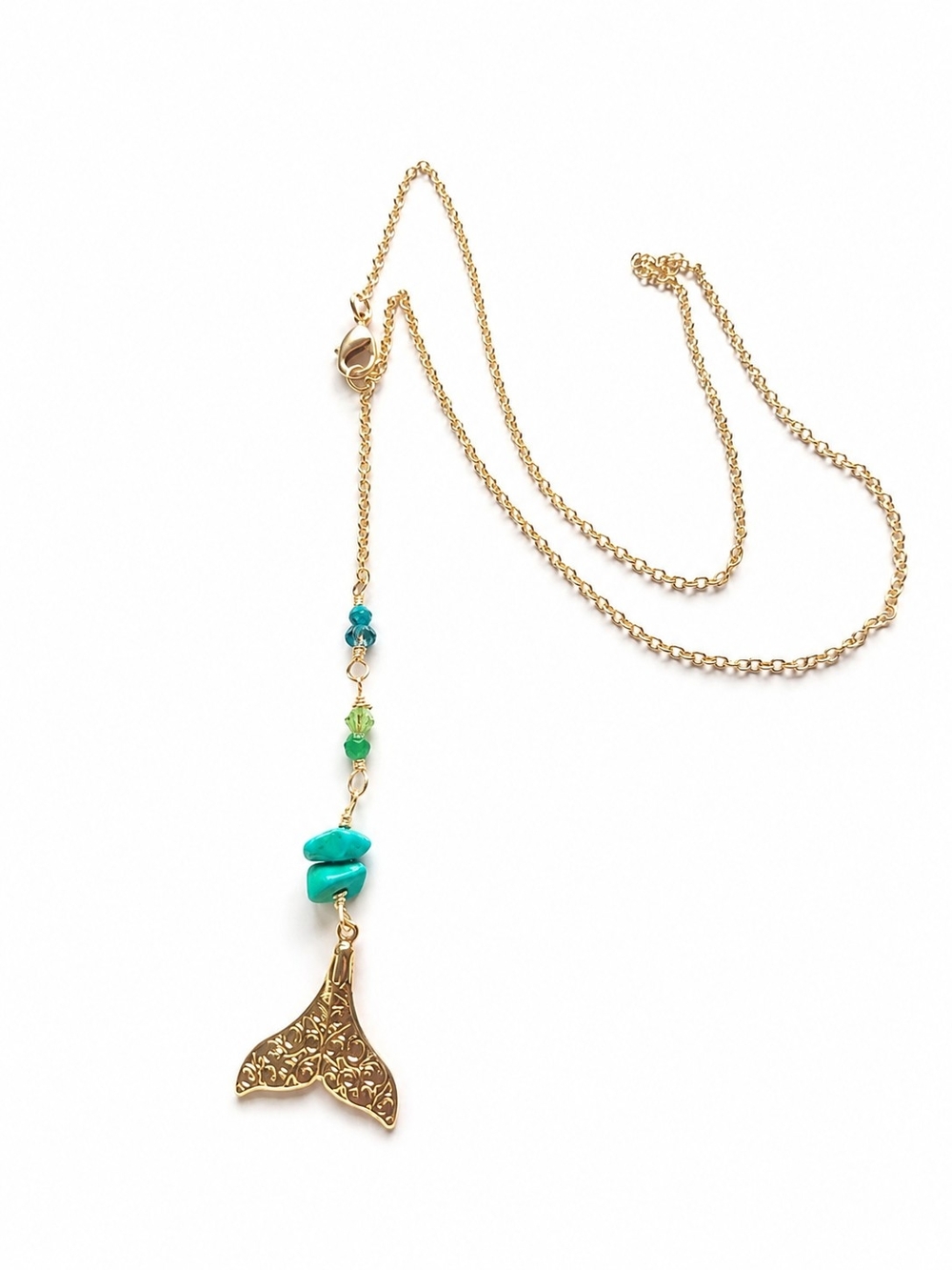Gold Mermaid Tail Necklace with Turquoise & Green Beads